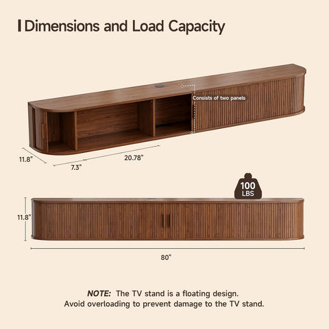 ONBRILL 80" Floating TV Stand with Power Outlet for TVs up to 95", Walnut Fluted Entertainment Center with Remote Control for LED Lights, Mid-Century Modern TV Console w/Sliding Door for Living Room