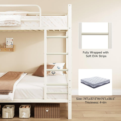 ONBRILL Bunk Bed Twin Over Twin, Metal Bunk Beds with Desk & Outlet, White Heavy-Duty Bunkbeds Frame with Safety Guardrail & Ladders, Upper Bed with Storage Rack, No Box Spring Needed, for Juniors