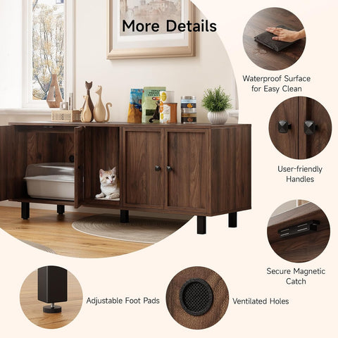 ONBRILL 59 Inches Cat Litter Box Enclosure for 2 Cats, Walnut Modern Hidden Litter Furniture with Cat Scratch Pad, Large Indoor Pet House with Double Room, Wooden TV Stand Side Table