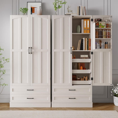 ONBRILL 71" Kitchen Pantry Cabinet, 3 Pull-Out Shelf & 2 Drawer, Off-White Tall Farmhouse Pantry Storage Cabinet with 6 Door Shelf & Adjustable Shelf, Freestanding Cupboard for Kitchen, Dining Room