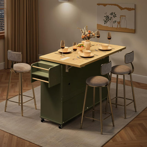 ONBRILL 60" Kitchen Island with Trash Can Storage, Green Kitchen Island Cart with Power Outlet & Drop Leaf, Storage Cabinet with Adjustable Shelf, Rolling Island Table for Kitchen