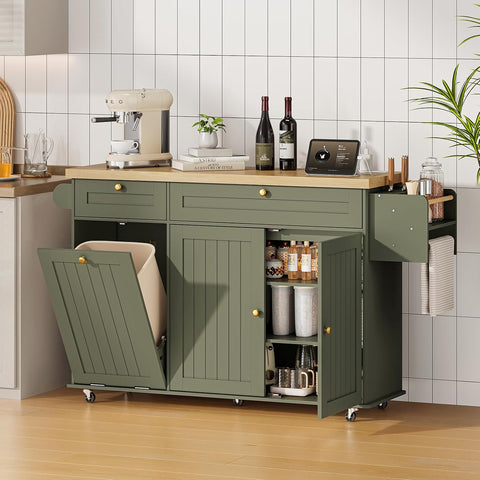 ONBRILL 60" Kitchen Island with Trash Can Storage, Green Kitchen Island Cart with Power Outlet & Drop Leaf, Storage Cabinet with Adjustable Shelf, Rolling Island Table for Kitchen