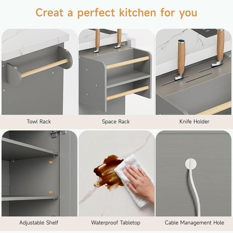 ONBRILL 60" Kitchen Island with Trash Can Storage, Grey+Imitation Marble Kitchen Island Cart with Power Outlet & Drop Leaf, Storage Cabinet with Adjustable Shelf, Rolling Island Table for Kitchen