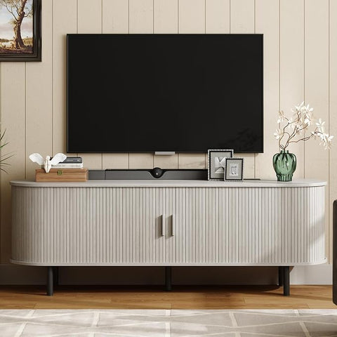ONBRILL 86.6" TV Stand with Power Outlet & Storage for TVs up to 90“ Walnut Entertainment Center with Adjustable Shelves, Modern Media Console with Sliding Doors for Living Room, Bedroom