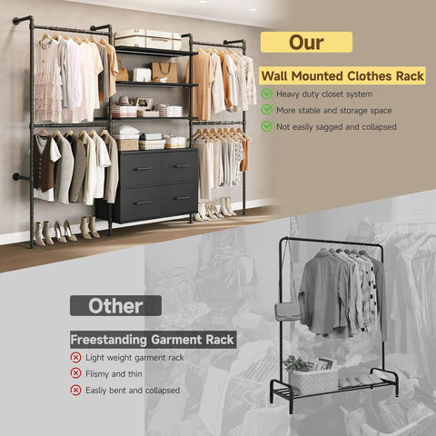 ONBRILL T3 Closet System with Stepless Dimmable LED Light & 4 Large Drawers Adjustable from 6'6'' to 8'11'', Heavy Duty Industrial Pipe Clothing Rack with 6 Wooden Shelves & 4 Telescopic Rods, Black