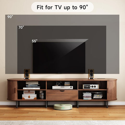 ONBRILL 86.6" TV Stand with Power Outlet for TVs up to 90", Walnut Entertainment Center with Storage and Drawer TV Console w/ Adjustable Shelves & Sliding Door TV Stand for Living Room Bedroom