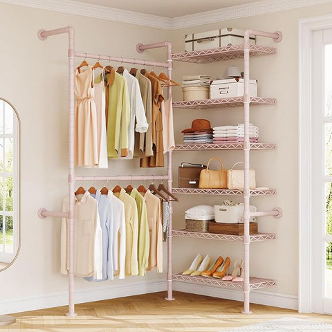 ONBRILL L2 Wall Mounted Closet System, Industrial Pipe Clothing Rack, Black Metal Clothes Rack with 2 Telescopic Rods & 6 Shelves, Heavy Duty Closet Organizers for Wardrobe, Reach-in & Walk-in Closets