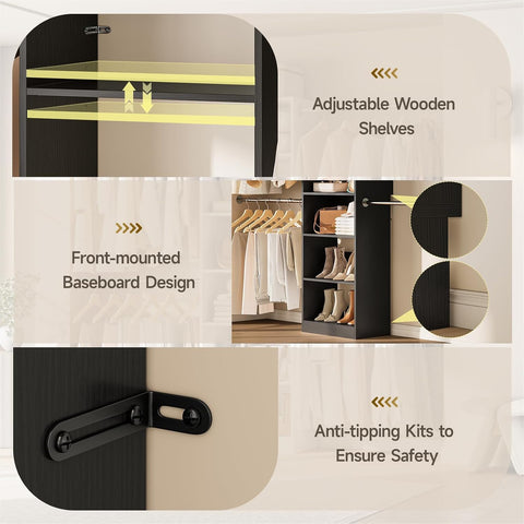 ONBRILL W1 3.5FT-7.7FT Closet System with 4 Chrome-Plated Telescopic Rods Modular Closet Organizer System with 6 Adjustable Shelves, Custom Wood Walk-In & Reach-In Closet Organizer, Wall Mount, Black