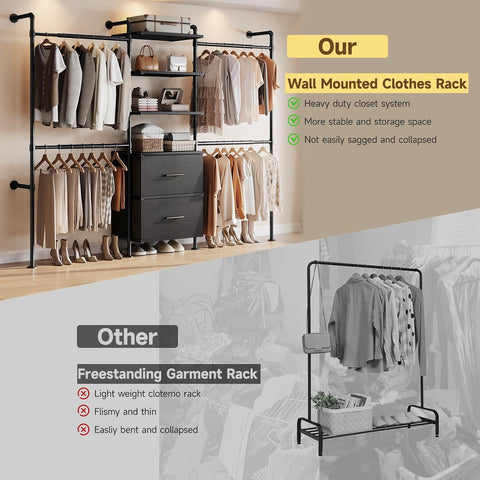 ONBRILL T3 Wall Mounted Industrial Pipe Closet Organizers Storage System Metal Clothing Rack with 2 Drawers, 6 Wooden Shelves & 4 Expandable Rods, Heavy Duty Garment Rack, Wardrobe (Black)