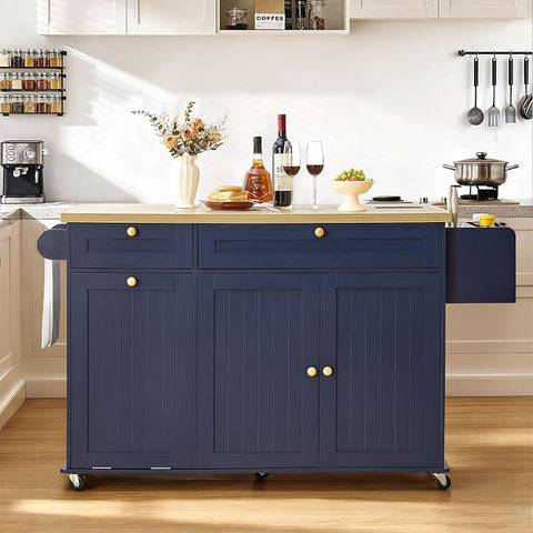 ONBRILL 60" Kitchen Island with Trash Can Storage, Blue Kitchen Island Cart with Power Outlet & Drop Leaf, Storage Cabinet with Adjustable Shelf, Rolling Island Table for Kitchen