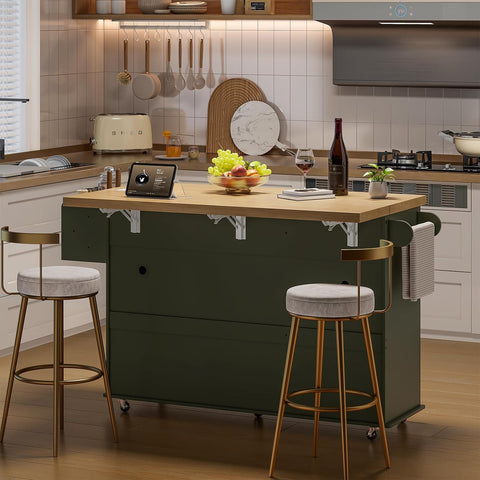 ONBRILL 60" Kitchen Island with Trash Can Storage, Green Kitchen Island Cart with Power Outlet & Drop Leaf, Storage Cabinet with Adjustable Shelf, Rolling Island Table for Kitchen