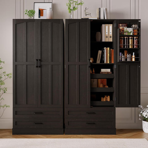 ONBRILL 71" Kitchen Pantry Cabinet, 3 Pull-Out Shelves & 2 Drawers, Black Tall Farmhouse Pantry Storage Cabinet with 6 Door Shelf & Adjustable Shelf, Freestanding Cupboard for Kitchen, Dining Room