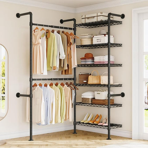ONBRILL L2 Wall Mounted Closet System, Industrial Pipe Clothing Rack, Black Metal Clothes Rack with 2 Telescopic Rods & 6 Shelves, Heavy Duty Closet Organizers for Wardrobe, Reach-in & Walk-in Closets