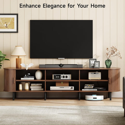 ONBRILL 86.6" TV Stand with Power Outlet & Storage for TVs up to 90“ Walnut Entertainment Center with Adjustable Shelves, Modern Media Console with Sliding Doors for Living Room, Bedroom