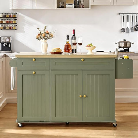 ONBRILL 60" Kitchen Island with Trash Can Storage, Green Kitchen Island Cart with Power Outlet & Drop Leaf, Storage Cabinet with Adjustable Shelf, Rolling Island Table for Kitchen