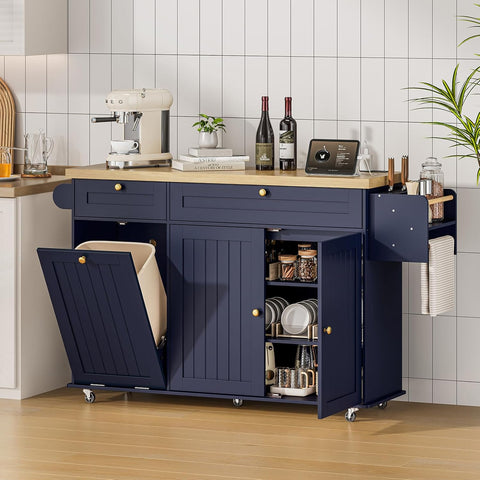 ONBRILL 60" Kitchen Island with Trash Can Storage, Blue Kitchen Island Cart with Power Outlet & Drop Leaf, Storage Cabinet with Adjustable Shelf, Rolling Island Table for Kitchen