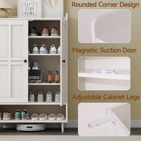 ONBRILL Shoe Cabinet with Cross Molding Doors, 6-Tier Shoe Storage(White) 18-24 Pairs Shoe Storage Cabinet with 3 Adjustable Shelves & Metal Legs, 45 Inch Tall Shoe Organizer for Entryway, Front Door