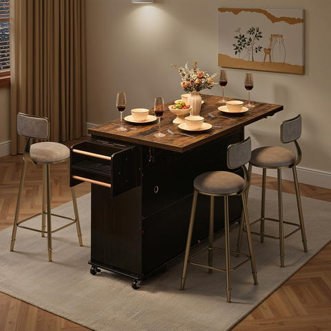 ONBRILL 60" Kitchen Island with Trash Can Storage, Black+Rustic Brown | Kitchen Island Cart with Power Outlet & Drop Leaf, Storage Cabinet with Adjustable Shelf, Rolling Island Table for Kitchen