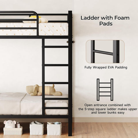 ONBRILL Bunk Bed Twin Over Twin, Metal Bunk Beds with Desk & Outlet, Black Heavy-Duty Bunkbeds Frame with Safety Guardrail & Ladders, Upper Bed with Storage Rack, No Box Spring Needed, for Juniors