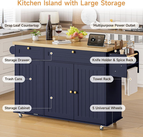 ONBRILL 60" Kitchen Island with Trash Can Storage, Blue Kitchen Island Cart with Power Outlet & Drop Leaf, Storage Cabinet with Adjustable Shelf, Rolling Island Table for Kitchen