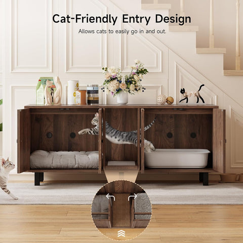 ONBRILL 59 Inches Cat Litter Box Enclosure for 2 Cats, Walnut Modern Hidden Litter Furniture with Cat Scratch Pad, Large Indoor Pet House with Double Room, Wooden TV Stand Side Table