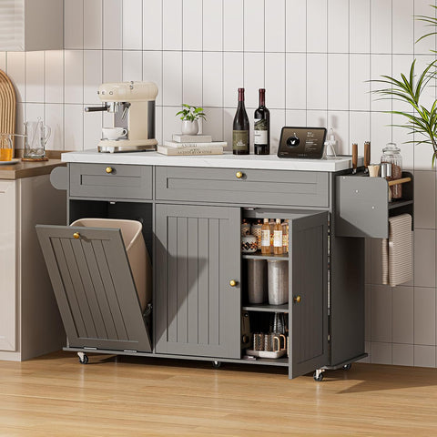ONBRILL 60" Kitchen Island with Trash Can Storage, Grey+Imitation Marble Kitchen Island Cart with Power Outlet & Drop Leaf, Storage Cabinet with Adjustable Shelf, Rolling Island Table for Kitchen
