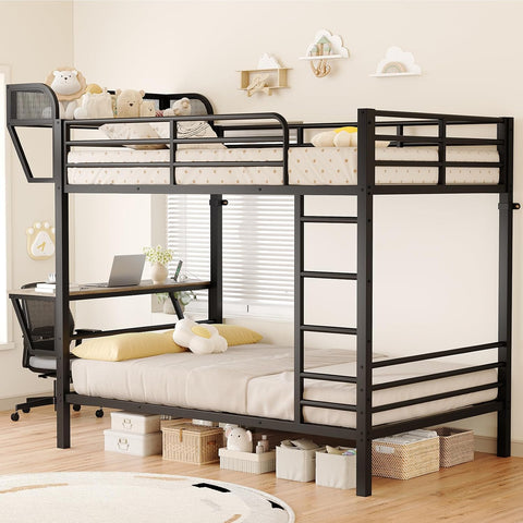 ONBRILL Bunk Bed Twin Over Twin, Metal Bunk Beds with Desk & Outlet, Black Heavy-Duty Bunkbeds Frame with Safety Guardrail & Ladders, Upper Bed with Storage Rack, No Box Spring Needed, for Juniors