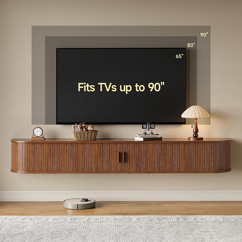 ONBRILL 80" Floating TV Stand with Power Outlet for TVs up to 95", Walnut Fluted Entertainment Center with Remote Control for LED Lights, Mid-Century Modern TV Console w/Sliding Door for Living Room