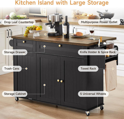 ONBRILL 60" Kitchen Island with Trash Can Storage, Black+Rustic Brown | Kitchen Island Cart with Power Outlet & Drop Leaf, Storage Cabinet with Adjustable Shelf, Rolling Island Table for Kitchen