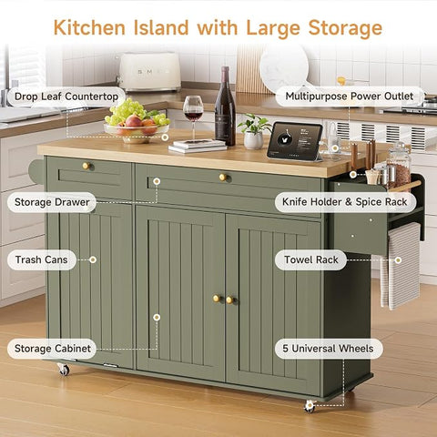 ONBRILL 60" Kitchen Island with Trash Can Storage, Green Kitchen Island Cart with Power Outlet & Drop Leaf, Storage Cabinet with Adjustable Shelf, Rolling Island Table for Kitchen
