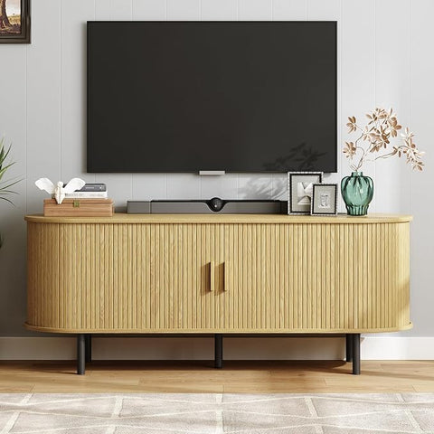 ONBRILL 86.6" TV Stand with Power Outlet & Storage for TVs up to 90“ Walnut Entertainment Center with Adjustable Shelves, Modern Media Console with Sliding Doors for Living Room, Bedroom
