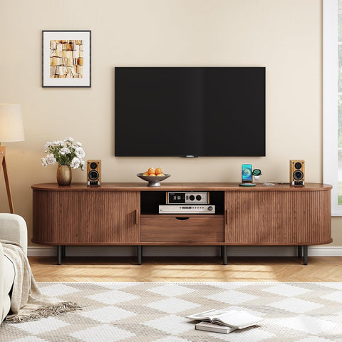ONBRILL 86.6" TV Stand with Power Outlet for TVs up to 90", Walnut Entertainment Center with Storage and Drawer TV Console w/ Adjustable Shelves & Sliding Door TV Stand for Living Room Bedroom