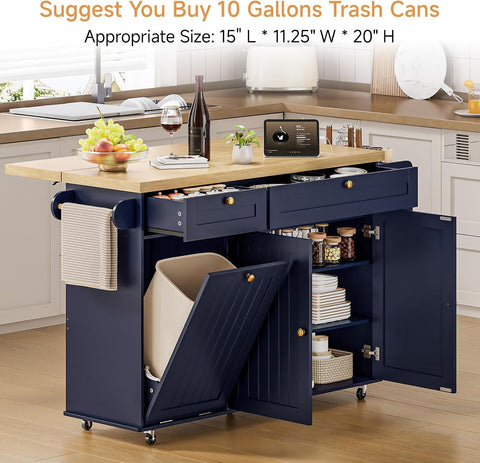 ONBRILL 60" Kitchen Island with Trash Can Storage, Blue Kitchen Island Cart with Power Outlet & Drop Leaf, Storage Cabinet with Adjustable Shelf, Rolling Island Table for Kitchen