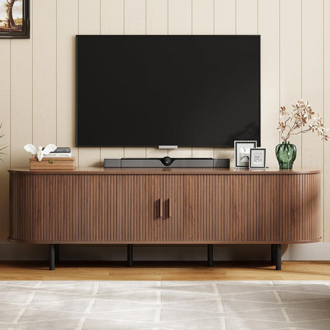 ONBRILL 86.6" TV Stand with Power Outlet & Storage for TVs up to 90“ Walnut Entertainment Center with Adjustable Shelves, Modern Media Console with Sliding Doors for Living Room, Bedroom