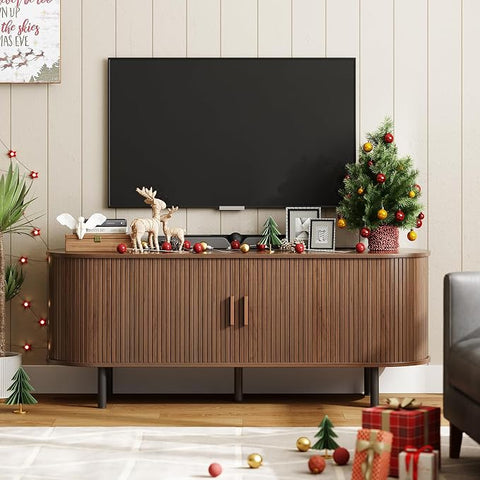 ONBRILL 86.6" TV Stand with Power Outlet & Storage for TVs up to 90“ Walnut Entertainment Center with Adjustable Shelves, Modern Media Console with Sliding Doors for Living Room, Bedroom