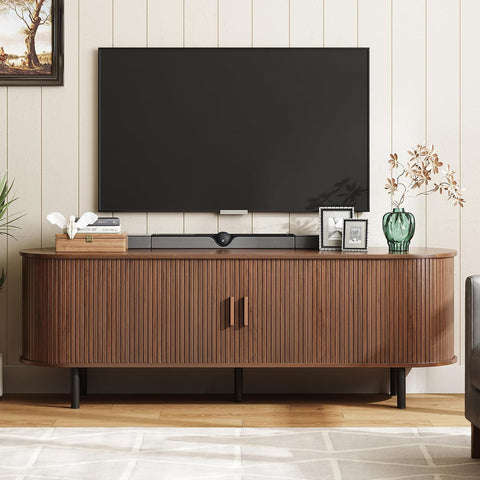 ONBRILL 86.6" TV Stand with Power Outlet & Storage for TVs up to 90“ Walnut Entertainment Center with Adjustable Shelves, Modern Media Console with Sliding Doors for Living Room, Bedroom