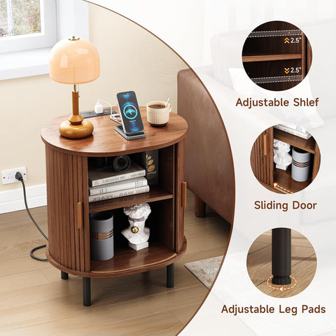 ONBRILL Oval End Table with Charging Station, Sliding Door, Wlanut(1-Pack) Fluted End Table Accent Side Table with Storage/Adjustable Shelf, Mid-Century Nightstand Living Room/Bedroom, Patent Pending