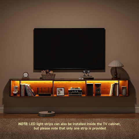 ONBRILL 80" Floating TV Stand with Power Outlet for TVs up to 95", Walnut Fluted Entertainment Center with Remote Control for LED Lights, Mid-Century Modern TV Console w/Sliding Door for Living Room