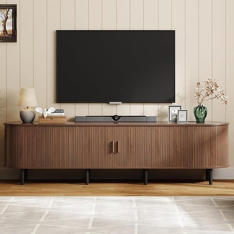 ONBRILL 86.6" TV Stand with Power Outlet & Storage for TVs up to 90“ Walnut Entertainment Center with Adjustable Shelves, Modern Media Console with Sliding Doors for Living Room, Bedroom