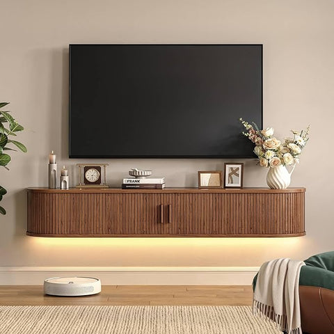 ONBRILL 80" Floating TV Stand with Power Outlet for TVs up to 95", Walnut Fluted Entertainment Center with Remote Control for LED Lights, Mid-Century Modern TV Console w/Sliding Door for Living Room