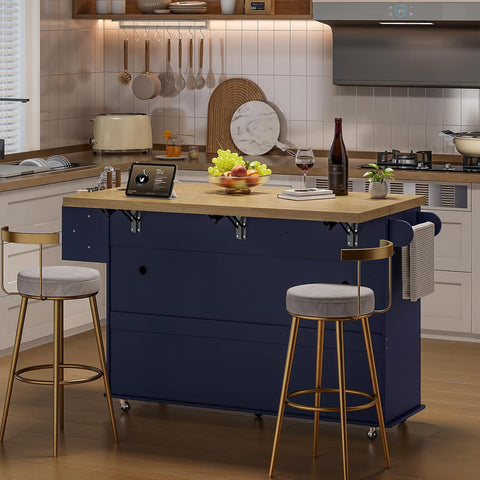 ONBRILL 60" Kitchen Island with Trash Can Storage, Blue Kitchen Island Cart with Power Outlet & Drop Leaf, Storage Cabinet with Adjustable Shelf, Rolling Island Table for Kitchen