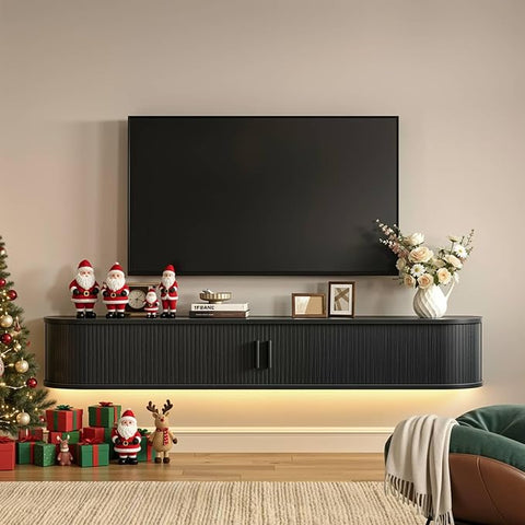 ONBRILL 80" Floating TV Stand with Power Outlet for TVs up to 95", Walnut Fluted Entertainment Center with Remote Control for LED Lights, Mid-Century Modern TV Console w/Sliding Door for Living Room