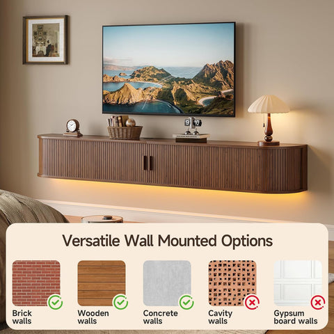 ONBRILL 80" Floating TV Stand with Power Outlet for TVs up to 95", Walnut Fluted Entertainment Center with Remote Control for LED Lights, Mid-Century Modern TV Console w/Sliding Door for Living Room