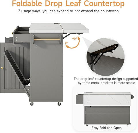ONBRILL 60" Kitchen Island with Trash Can Storage, Grey+Imitation Marble Kitchen Island Cart with Power Outlet & Drop Leaf, Storage Cabinet with Adjustable Shelf, Rolling Island Table for Kitchen
