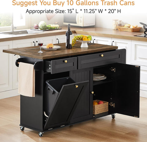 ONBRILL 60" Kitchen Island with Trash Can Storage, Black+Rustic Brown | Kitchen Island Cart with Power Outlet & Drop Leaf, Storage Cabinet with Adjustable Shelf, Rolling Island Table for Kitchen