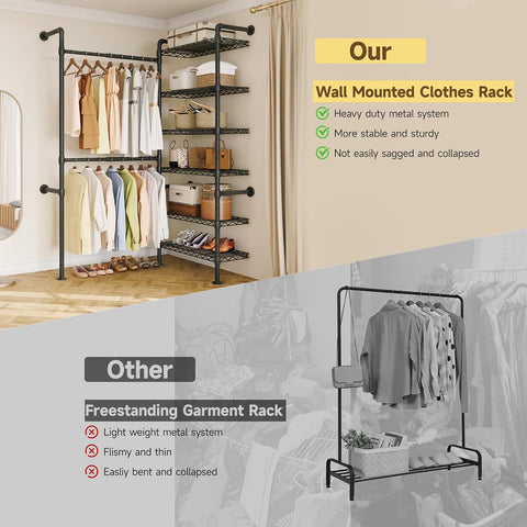 ONBRILL L2 Wall Mounted Closet System, Industrial Pipe Clothing Rack, Black Metal Clothes Rack with 2 Telescopic Rods & 6 Shelves, Heavy Duty Closet Organizers for Wardrobe, Reach-in & Walk-in Closets