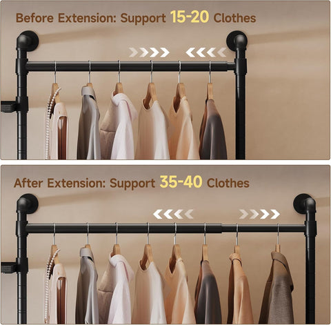 ONBRILL T3 Wall Mounted Industrial Pipe Closet Organizers Storage System Metal Clothing Rack with 2 Drawers, 6 Wooden Shelves & 4 Expandable Rods, Heavy Duty Garment Rack, Wardrobe (Black)