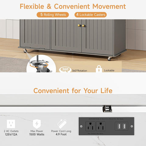 ONBRILL 60" Kitchen Island with Trash Can Storage, Grey+Imitation Marble Kitchen Island Cart with Power Outlet & Drop Leaf, Storage Cabinet with Adjustable Shelf, Rolling Island Table for Kitchen