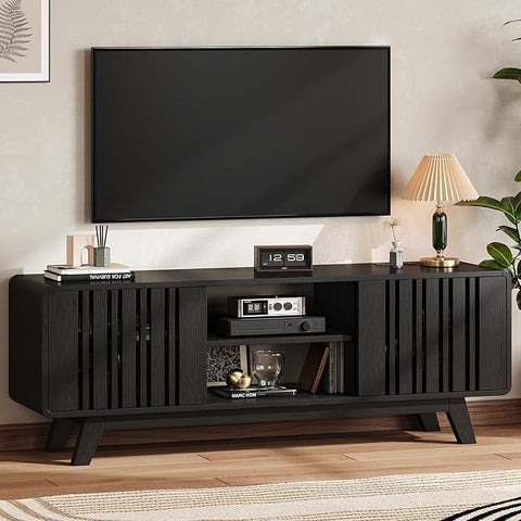 ONBRILL 70" TV Stand for TV Up to 85", Mid-Century Modern Television Stand Entertainment Center with Power Outlet, Console Table with Sliding Grille Door Cabinets, Open Shelves for Living Room, Walnut