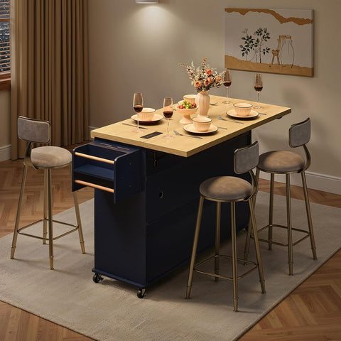 ONBRILL 60" Kitchen Island with Trash Can Storage, Blue Kitchen Island Cart with Power Outlet & Drop Leaf, Storage Cabinet with Adjustable Shelf, Rolling Island Table for Kitchen